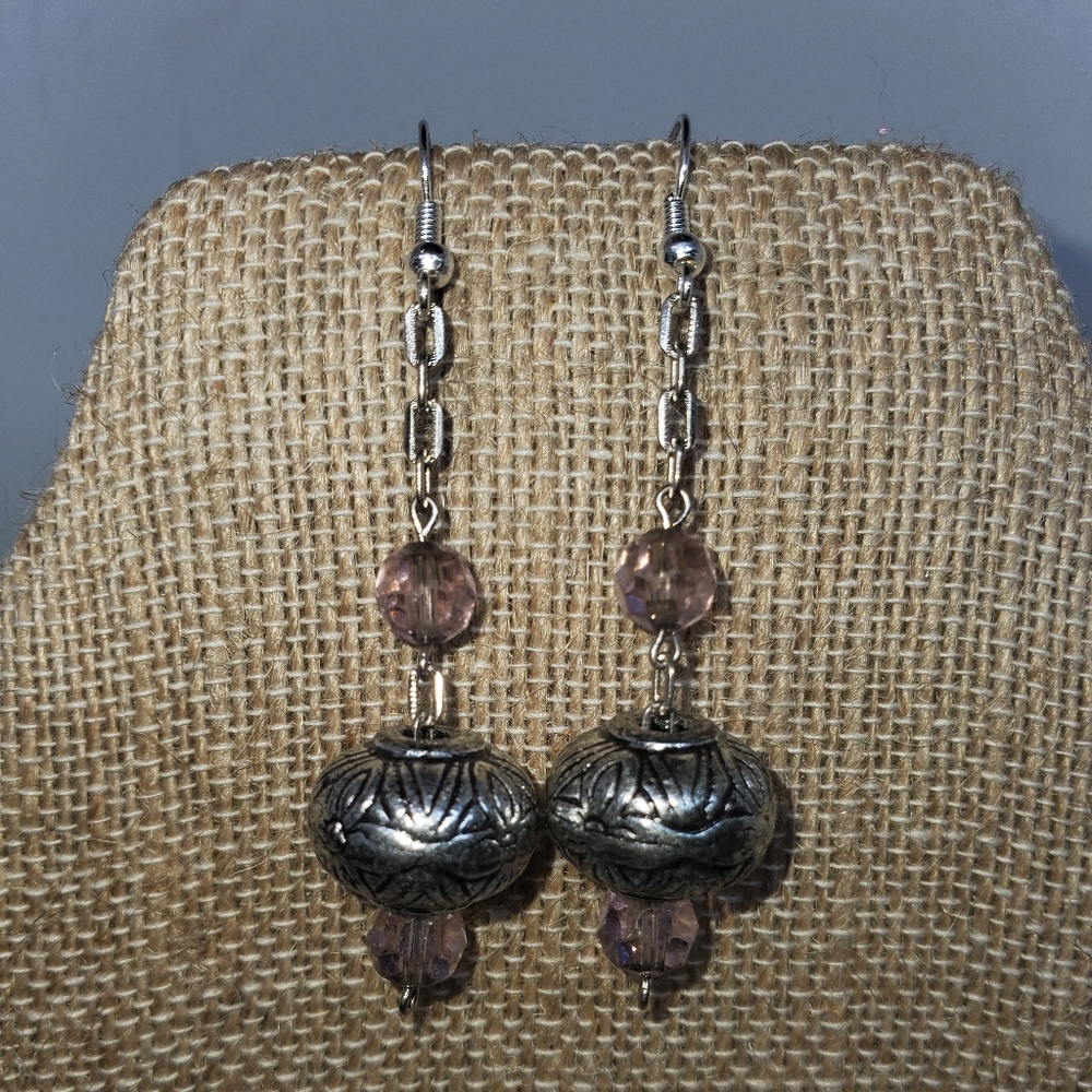 Handmade Bead Silvertone Pink Chain Drop Earrings
